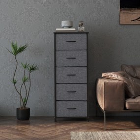 Cómoda com 5 gavetas 45 x 30 x 116 cm, móvel de arrumação com gavetas em tecido dobrável – estrutura em aço preto cinzento escuro