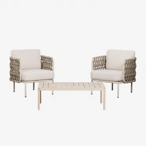 Conjunto De Jardim Com 2 Poltronas Em Corda Trançada Tevary E Mesa De Centro Em Alumínio Boleni Tela Bege Tapioca - Sklum