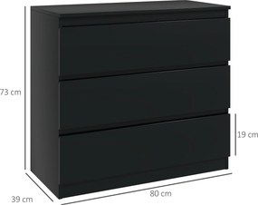 Cómoda com 3 gavetas 80 L x 39 P x 73 A cm, móvel de arrumação de linhas simples para o quarto, interior, preto