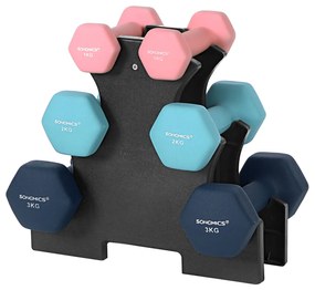 Conjunto de halteres hexagonais SONGMICS com suporte - 2 x 1 kg, 2 x 2 kg, 2 x 3 kg, acabamento fosco em neoprene, pesos de mão para exercícios em casa, rosa, água e azul SYL612MK