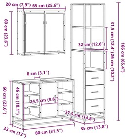 3 pcs Conjunto móveis casa de banho madeira proc. cinza sonoma