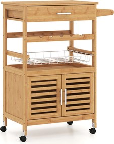Carrinho de Cozinha com Rodas, 69 x 37 x 89 cm, Suporte para Garrafas de Vinho, Natural