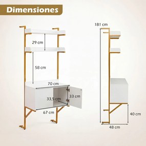 Estante em escada de 4 níveis com prateleiras abertas e portas 67 x 48 x 181 cm, Estrutura metálica, para arrumação na sala ou no escritório, Branco +