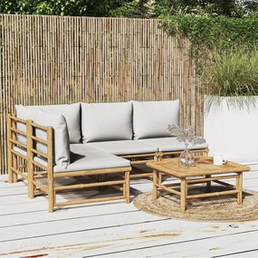 5 pcs conj. lounge de jardim bambu c/ almofadões cinzento-claro