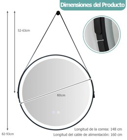 Espelho de casa de banho LED redondo 60 cm com fio 3 cores Antiembaciamento e função de memória com interrutor tátil