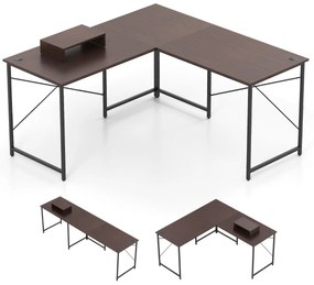 Secretária em forma de L reversível de 150 cm para computador com régua elétrica integrada Suporte para monitor/host para escritório Castanho escuro