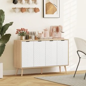 Aparador com 2 armários de 4 portas, padrão em espinha, prateleiras ajustáveis, 120 x 35 x 77,4 cm, branco