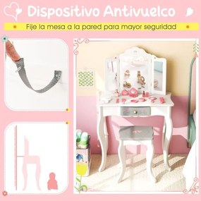 Conjunto de Toucador para Crianças 2 em 1 Mesa de Maquilhagem com Banco e Espelho Triplo Extraível para Rapazes Raparigas 3+ Anos 60 x 33 x 98,5 cm Br