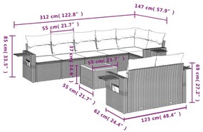 9 pcs conjunto de sofás p/ jardim com almofadões vime PE bege