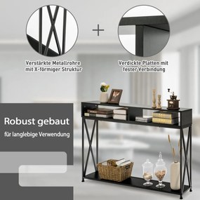 Mesa de console com prateleira aberta e compartimentos de armazenamento, estrutura de aço, marrom