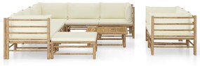 10 pcs conj. lounge jardim em bambu c/ almofadões branco nata