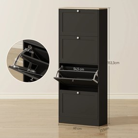 Sapateira com capacidade para 24 pares 60 x 23,5 x 153 cm, com 4 gavetas rebatíveis e prateleiras ajustáveis, preto