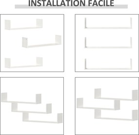 Conjunto de 3 prateleiras de parede suspensas - 80 x 18 x 18 cm - kit completo de fixação incluído - MDF com acabamento em madeira branca
