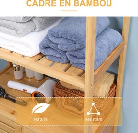 Móvel de casa de banho em bambu 60 (L) x 30 (P) x 120 (A) cm, 2 prateleiras abertas e porta dupla com ripas, natural