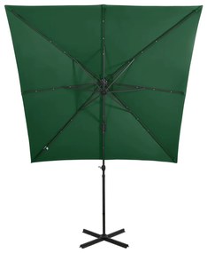Guarda-sol jardim cantilever c/ poste e luzes LED 250 cm verde