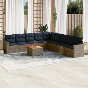 10 pcs conjunto sofás p/ jardim c/ almofadões vime PE cinzento