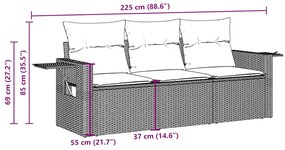 3 pcs conjunto sofás de jardim com almofadões vime PE preto