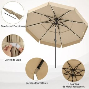 Guarda-sol solar de 300 cm com 32 luzes LED, parte superior ventilada com 3 níveis e ajuste de inclinação - bege