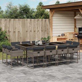 13 pcs conjunto jantar p/ jardim c/ almofadões vime PE cinzento