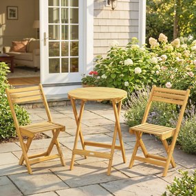 Conjunto de jardim 60x60x75 cm dobrável de 3 peças em madeira de acácia com mesa redonda e 2 cadeiras, sem montagem, cor natural