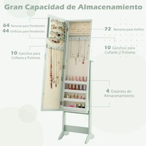Armário para joias com espelho de corpo inteiro  35 x 30 x 144 cm e 3 ângulos ajustáveis Organizador de joias 2 em 1 Verde