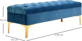 Banco estofado para cabeceira da cama, estilo clássico chique, dim. 118 x 45 x 42 cm, pés em metal dourado, veludo azul