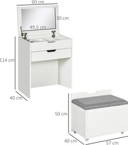 Toucador com Banco Oculto e Espelho Rebatível Mesa de Maquilhagem com Gaveta e 7 Compartimentos Banco Acolchoado Branco