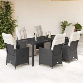 7 pcs conjunto de jantar p/ jardim c/ almofadões vime PE preto