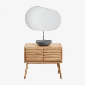 Conjunto De Móvel De Casa De Banho Em Madeira Deleyna Madeira Natural & Cimento Cinzento Redondo Ø40 Cm Tarsis & Oval Led E - Sklum