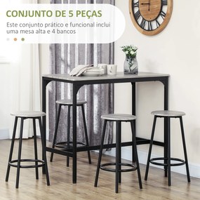 Conjunto de Móveis Altos de Bar com 5 Peças Mesa de Refeição Industrial e 4 Bancos Redondos Cinzento e Preto