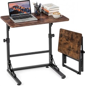 Mesa auxiliar dobrável em forma de C com altura ajustável 59,5 x 39 x 51-66 cm, estrutura metálica, para sala ou quarto, castanho rústico