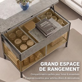 Mesa de centro elevável e extensível 98 x 49 x 55 cm,, com compartimento oculto e prateleiras abertas, cinzenta