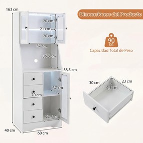 Armário de cozinha, 60 x 40 x 163 cm, Luzes LED RGB Reguláveis, Branco