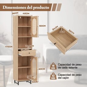 Armário estreito 170 cm de altura de rattan com portas, estantes e gavetas para sala de estar e jantar Natural
