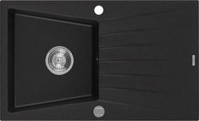 Mexen Cesar lava-loiça de granito de 1 cuba com escorredor 775 x 470 mm, preto, sifão cromado - 6514771010-77