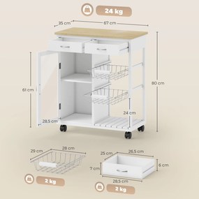 Carrinho de Cozinha, 67 x 35 x 80 cm, Tampo de Bambu, Branco
