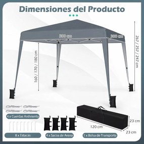 Tenda de Jardim Dobrável, 300 x 300 x 247-267 cm, Altura Regulável com 4 sacos pesos, Cinzento