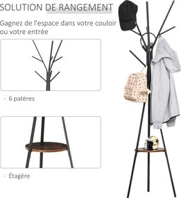 Cabide com três pernas, design contemporâneo, prateleira + 9 ganchos; dim. 45 x 45 x 180 cm; metal castanho