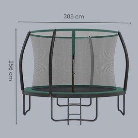Trampolim 305 cm d, trampolim de jardim com rede de segurança, barras curvas com 180 cm de altura  Preto-verde escuro