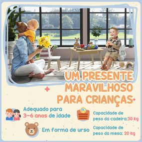 Conjunto de Mesa e 2 Cadeiras com Encosto em Forma de Ursinho e Compartimentos Ocultos Madeira e Branco