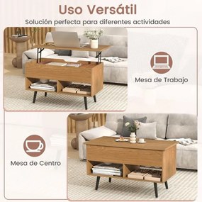 Mesa de centro elevável em madeira 80 x 40 x 44,5 cm com compartimento oculto e 2 prateleiras abertas para sala de estar, sala de recepção ou escritór