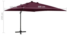 Guarda-sol jardim cantilever c/ poste e luzes LED 300 cm bordô