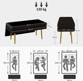 Banco com baú de arrumação 2 em 1, 100 x 37,5 x 42 cm assento com acabamento em veludo e pés em aço - preto e dourado
