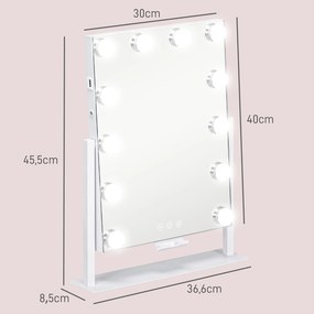 Espelho de Maquilhagem Estilo Hollywood com Luzes 12 Lâmpadas LED 3 Modos de Iluminação e Entrada USB 36,5x8,5x45,5 cm Branco