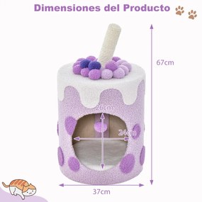 Arranhador para gatos em forma de chá de bolhas Torre para gatos com poste de arranhar em sisal e bola suspensa 67 x 37 x 37 cm roxo e branco