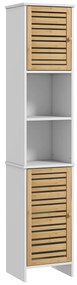HOMCOM Coluna Casa de Banho Móvel Auxiliar Casa de Banho com Prateleiras Ajustáveis e Portas de Bambu 35x30x170 cm Branco e Madeira | Aosom Portugal