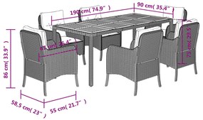 7 pcs conjunto de jantar p/ jardim c/ almofadões vime PE cinza