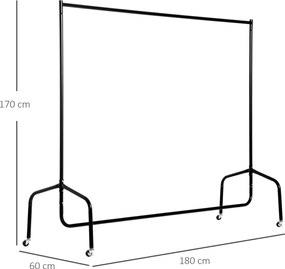 Guarda roupas com rodas e barra resistente, capacidade de 140 kg, 180 x 60 x 170 cm, em aço preto