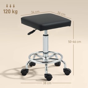 Banco Giratório com Rodas Altura Regulável 50-66 cm Assento Estofado em Imitação de Couro  34x34x50-66 cm Preto