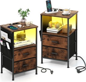 Conjunto de 2 mesas de cabeceira, mesas apoio com carregador USB e Luz LED, com 2 gavetas dobráveis, 38 x 30 x 60 cm, castanho